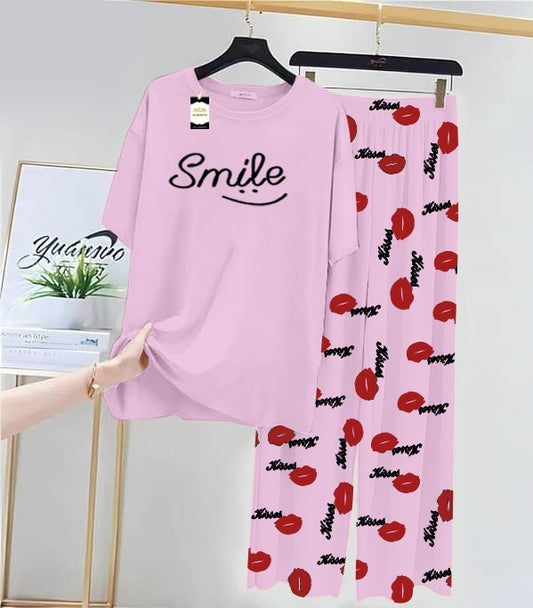 Baby Pink Smile Printed Nightwear Set With Kiss Printed Trousers – Women's Lounge Wear (014)