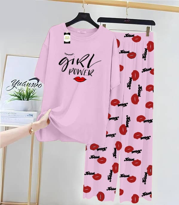 Baby Pink Girls Power Printed Nightwear Set With Kiss Printed Trousers – Women's Lounge Wear (014)
