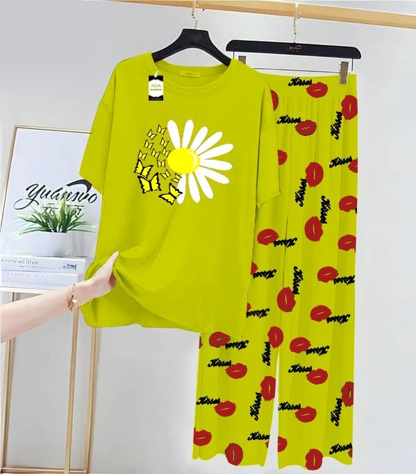 Green SunFlower Printed Nightwear Set With Kiss Printed Trousers – Women's Lounge Wear (014)