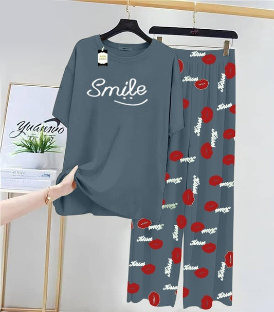 Blue Smile Printed Nightwear Set With Kiss Printed Trousers – Women's Lounge Wear (014)