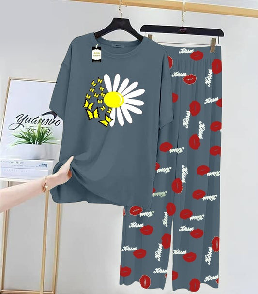 Blue Sunflower Printed Nightwear Set With Kiss Printed Trousers – Women's Lounge Wear (014)