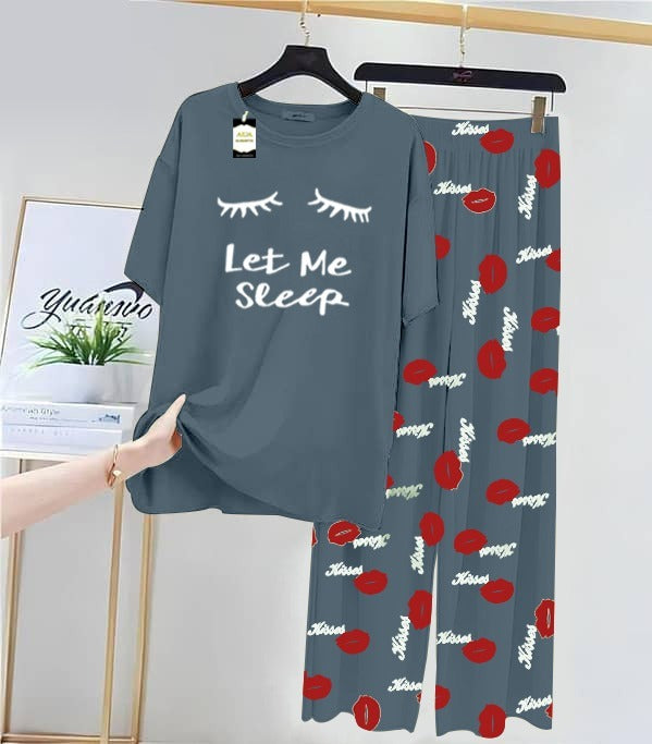 Blue Let Me Sleep Printed Nightwear Set With Kiss Printed Trousers – Women's Lounge Wear (014)