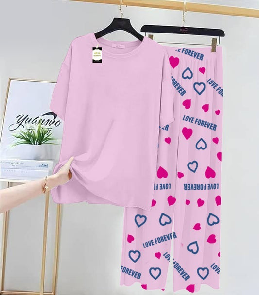 Plan Baby Pink Nightwear Set With Love Forever Printed Trousers – Women's Lounge Wear (013)