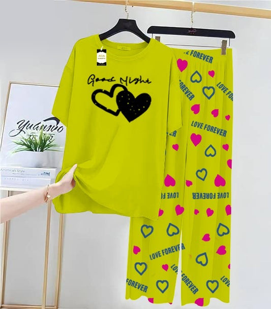 Green Double Heart Printed Nightwear Set With Love Forever Printed Trousers – Women's Lounge Wear (013)