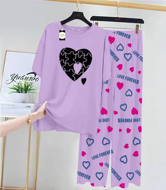 Purple Puzzel Heart Printed Nightwear Set With Love Forever Printed Trousers – Women's Lounge Wear (013)