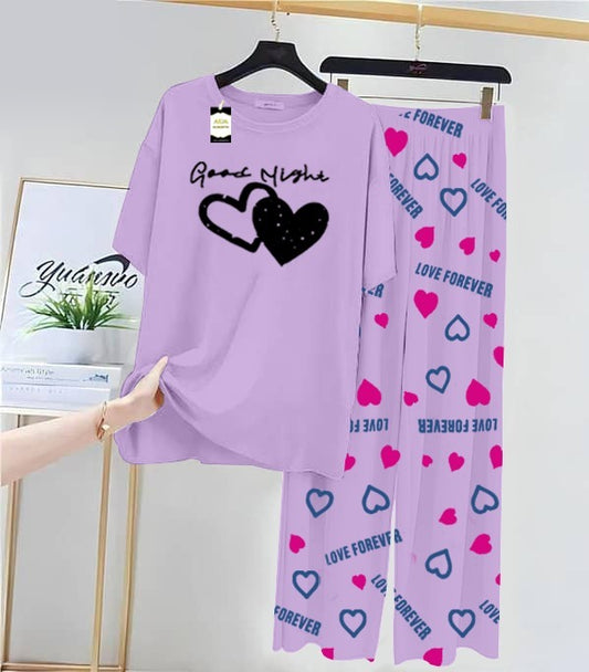 Purple Double Heart Printed Nightwear Set With Love Forever Printed Trousers – Women's Lounge Wear (013)