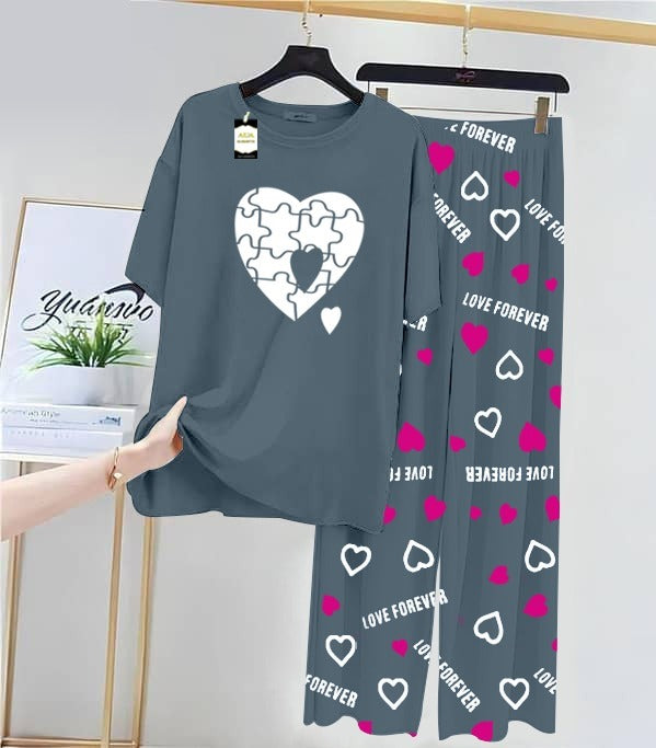 Aqua Blue Puzzel Heart Printed Nightwear Set With Love Forever Printed Trousers – Women's Lounge Wear (013)