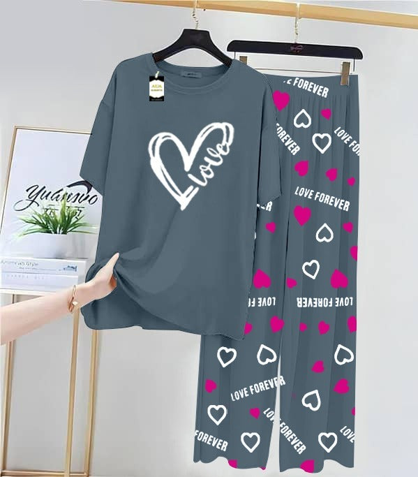 Aqua Blue Love Heart Printed Nightwear Set With Love Forever Printed Trousers – Women's Lounge Wear (013)