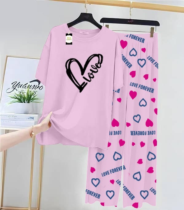 baby pink Love Heart Printed Nightwear Set With Love Forever Printed Trousers – Women's Lounge Wear (013)