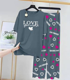 Aqua blue Love Printed Nightwear Set With Love Forever Printed Trousers – Women's Lounge Wear (013)