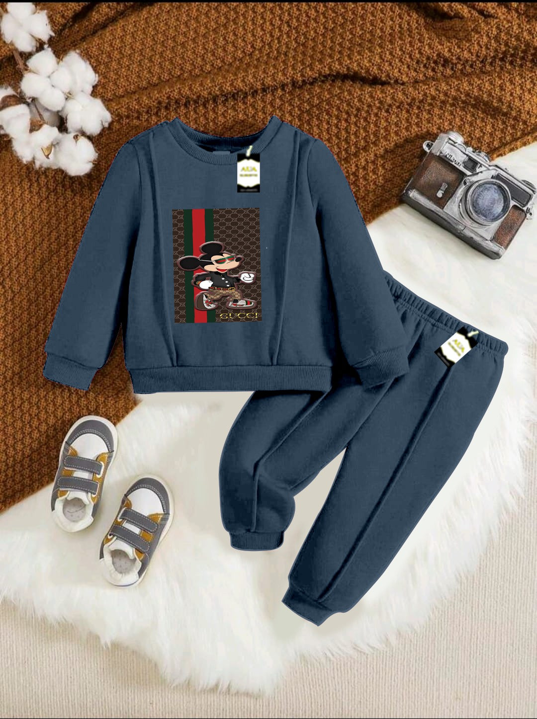 With Mix Print Sweatshirt & Trouser Set | Kids Fleece Winter Outfit For Girls (1-10 Years)Mickey Guc-ci