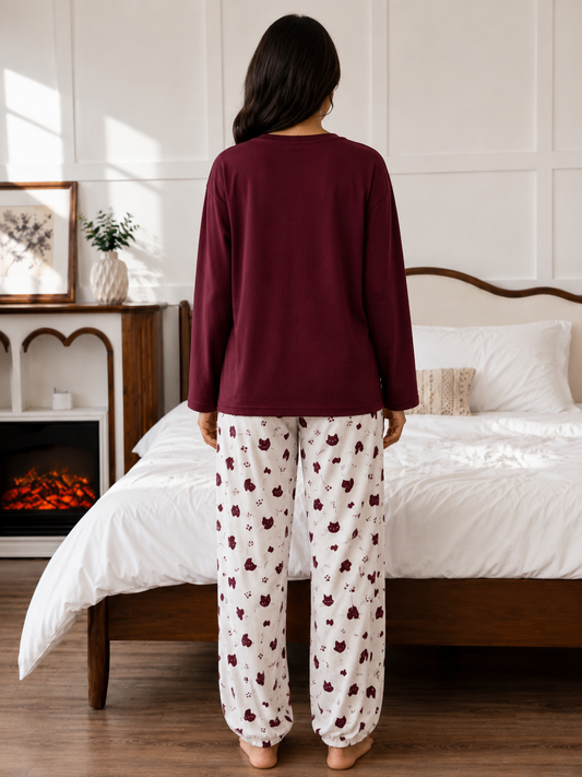 Women's Maroon Full Sleeve Pocket Print Night Suit – Soft & Comfortable Lounge Wear Set