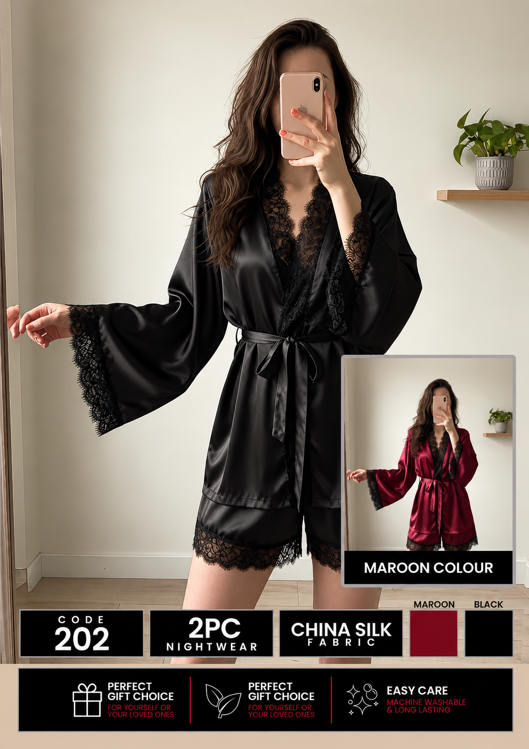 2 Piece Premium Bridal - Robe With Black Lace Trim Nighty
