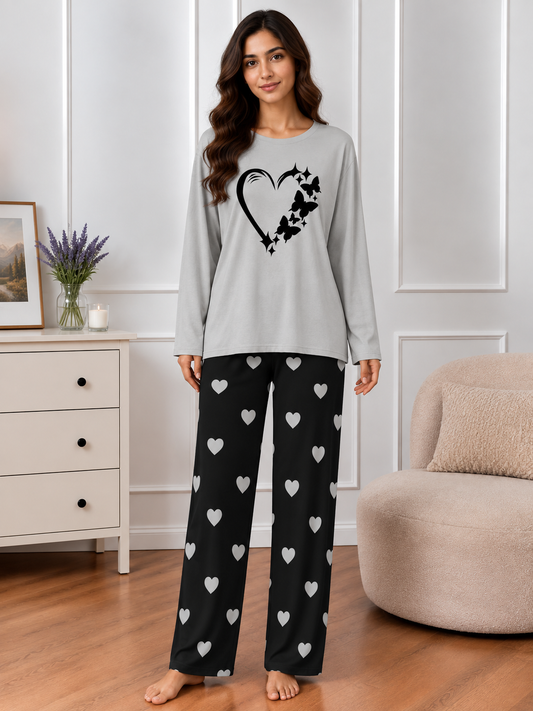 Grey Women Heart Printed Nightwear Set with Black Mini Heart Printed Trousers – Women's Lounge Wear (006)