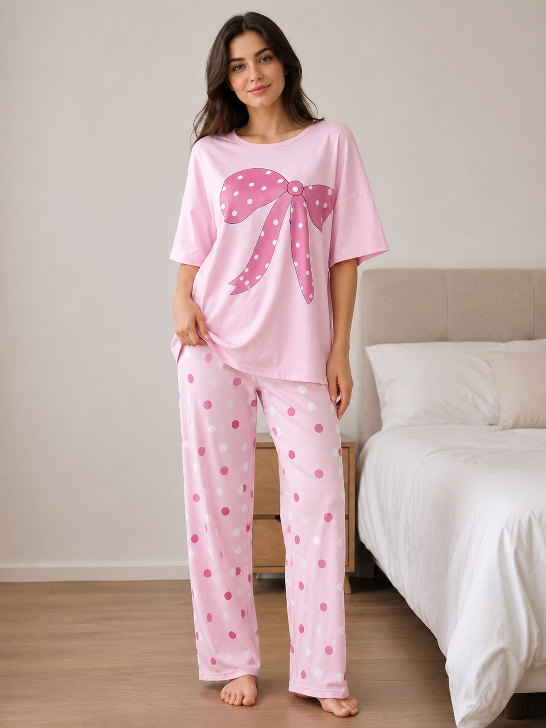 Women's Pink Ribbon Polka Dot Pajama Set | Cute Soft Nightwear & Loungewear