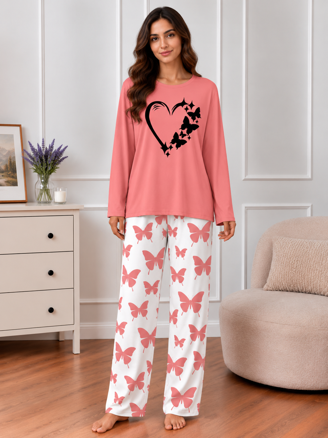 Peach Women Heart Printed Nightwear Set with Butterfly Printed Trousers – Women's Lounge Wear (003)