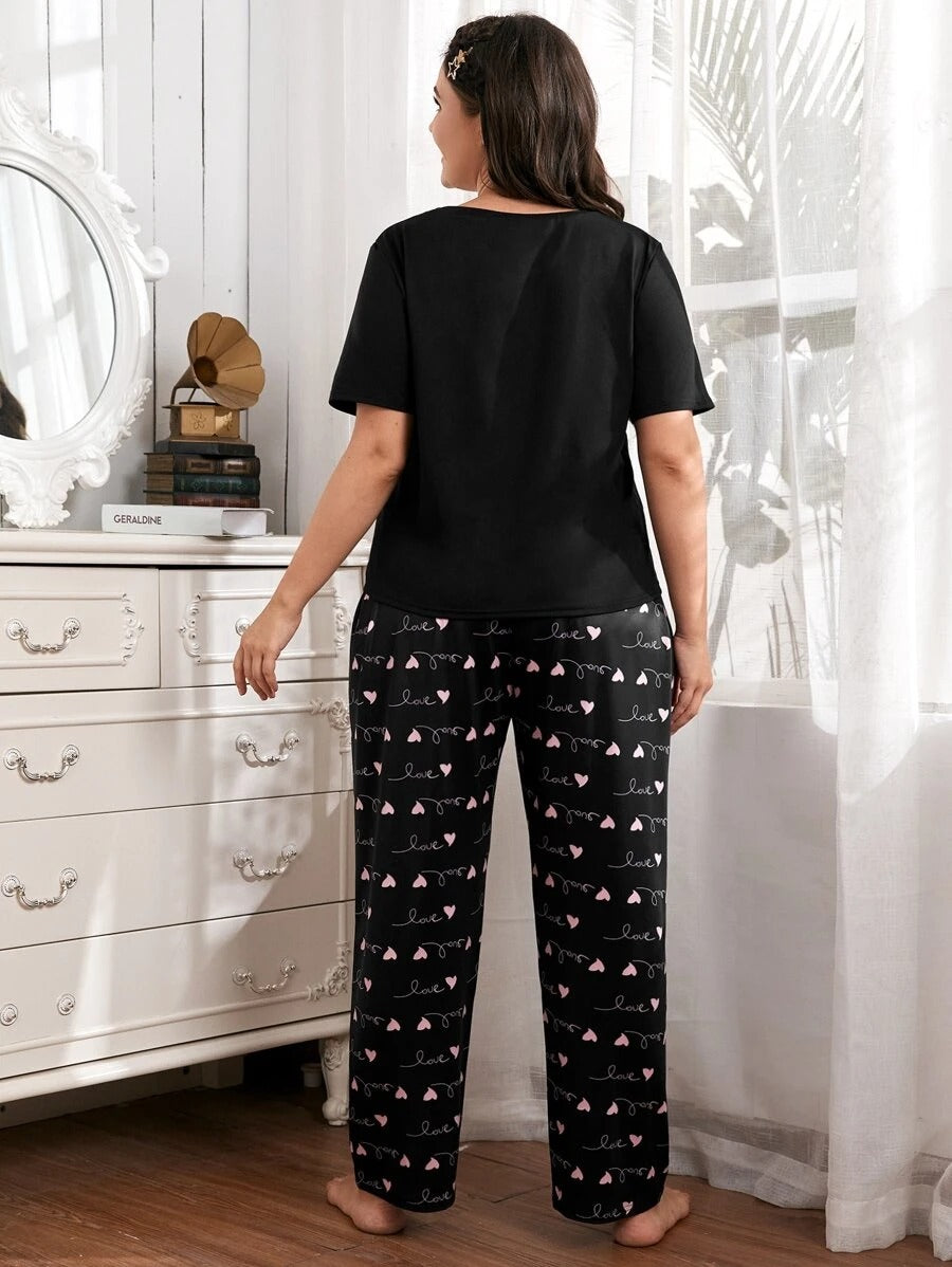 Black Love Printed Half-Sleeve T-Shirt with Cute Mini Heart Printed Trousers – Women's Nightwear Set