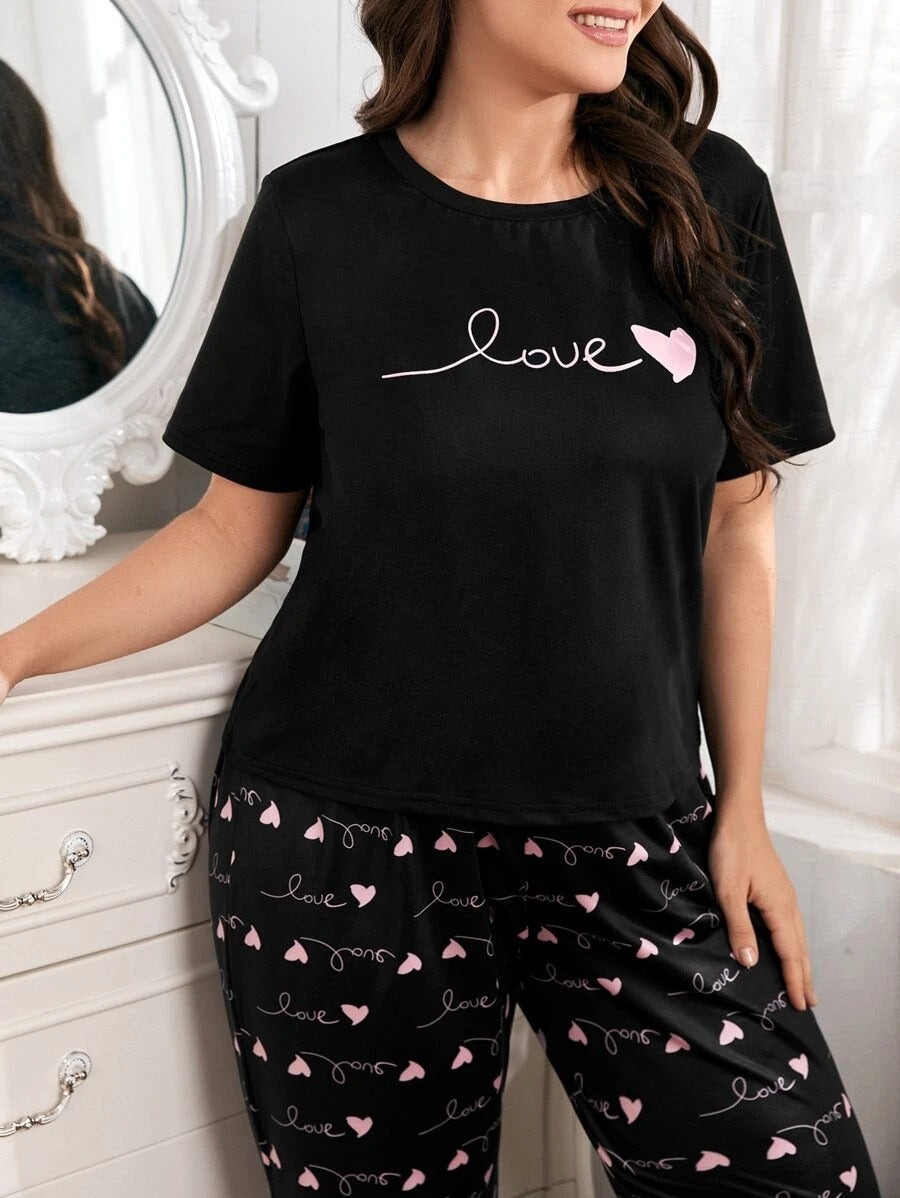 Black Love Printed Half-Sleeve T-Shirt with Cute Mini Heart Printed Trousers – Women's Nightwear Set