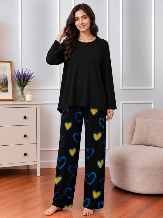 Black Color Lounge wear Nightwear Sleepwear With Mustard Heart Printed Trouser For Women By Auagarments (004)