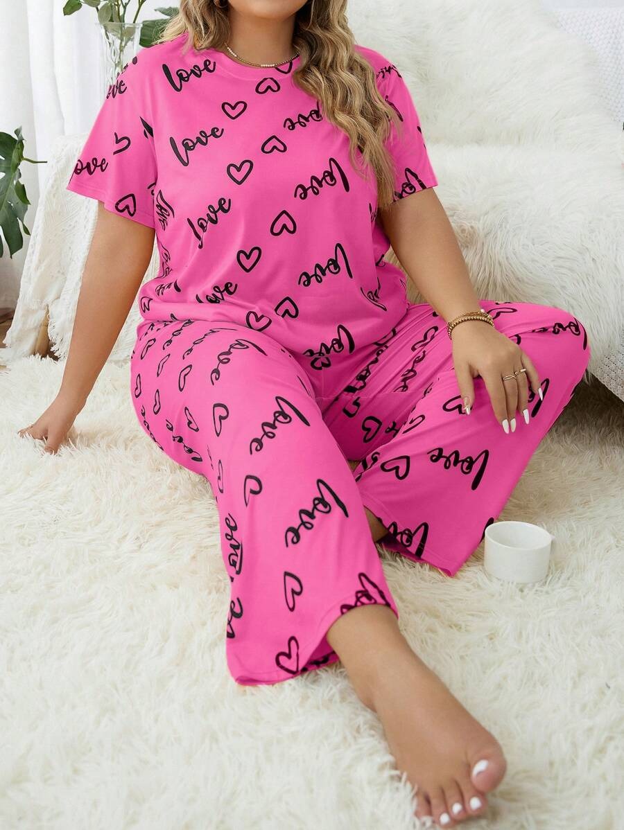 Pink Love Printed Half Sleeves Women's Nightwear Set – T-Shirt & Pajama Sleepwear for Girls and Women, Loungewear & Nightdress