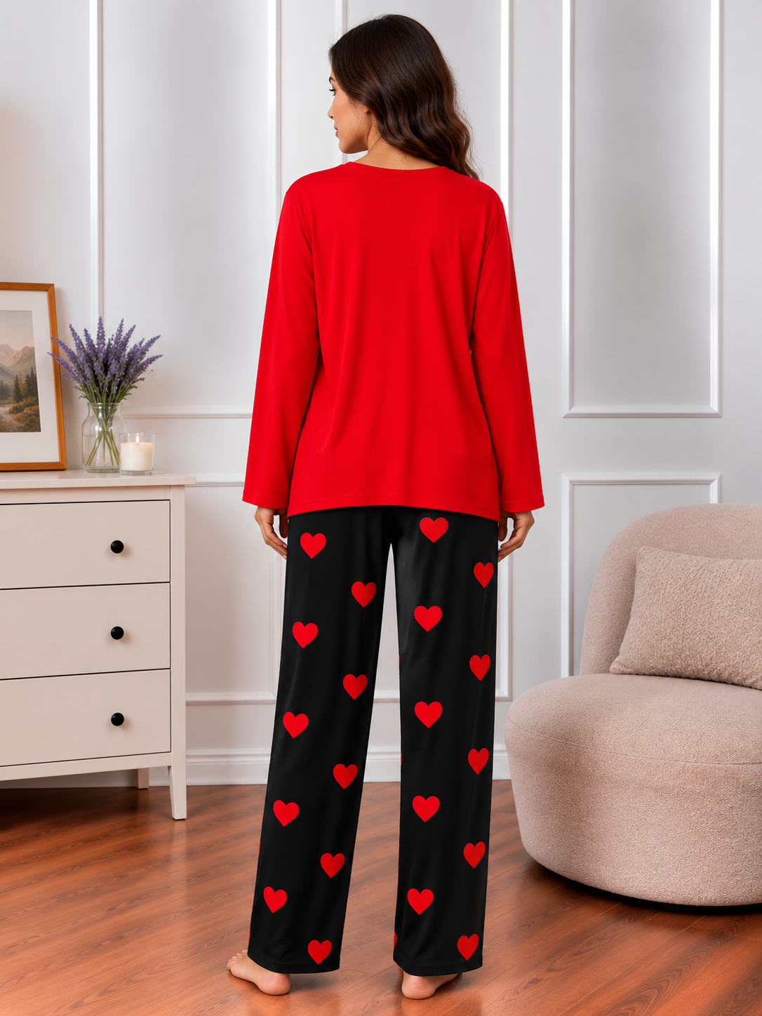 RED FLYING BUTTERFLY Printed Nightwear Set with Black Mini Heart Printed Trousers – Women's Lounge Wear (006)