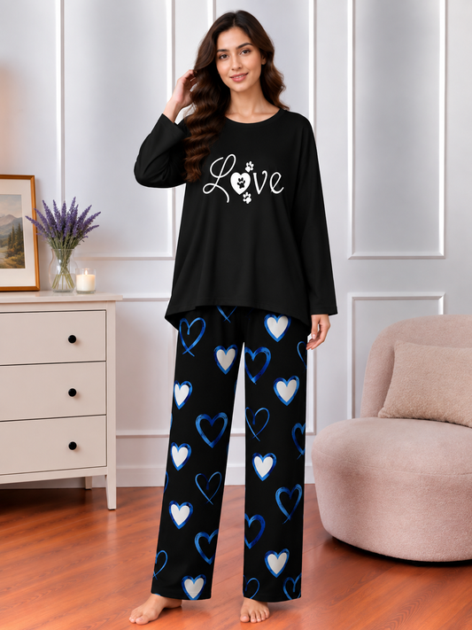 Love Printed Black Color Heart Printed Trouser Lounge wear Nightwear Sleepwear With Heart Prinred Trouser For Women By Auagarments (004)