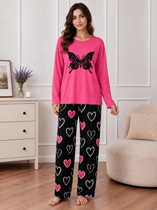 Butterfly Printed Pink Color Heart Printed Trouser Lounge wear Nightwear Sleepwear With Heart Prinred Trouser For Women By Auagarments(004)