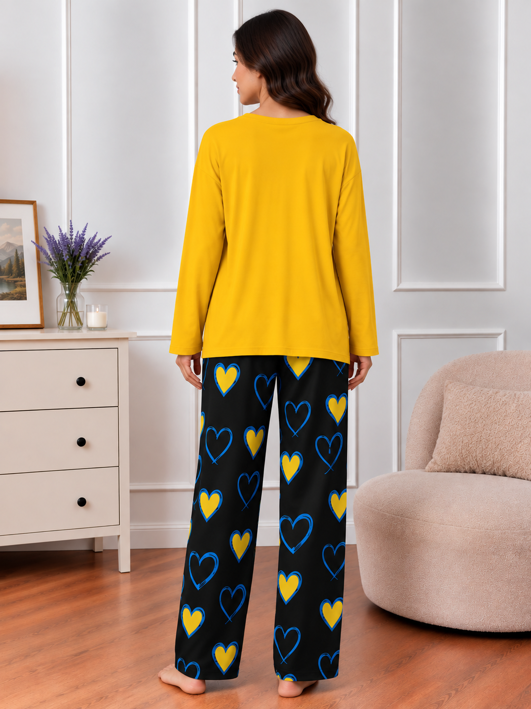 Butterfly Printed Mustard Color Heart Printed Trouser Lounge wear Nightwear Sleepwear With Heart Prinred Trouser For Women By Auagarments (004)