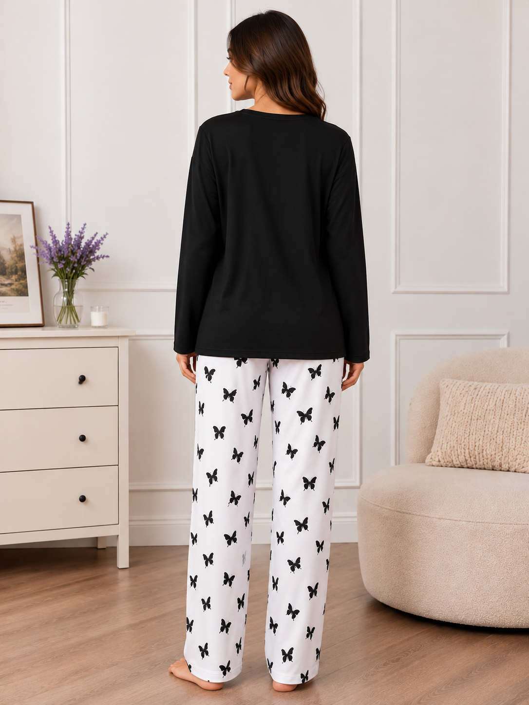 Black Flying Butterfly Heart Printed Nightwear Set with Butterfly Printed Trousers – Women's Lounge Wear (003)