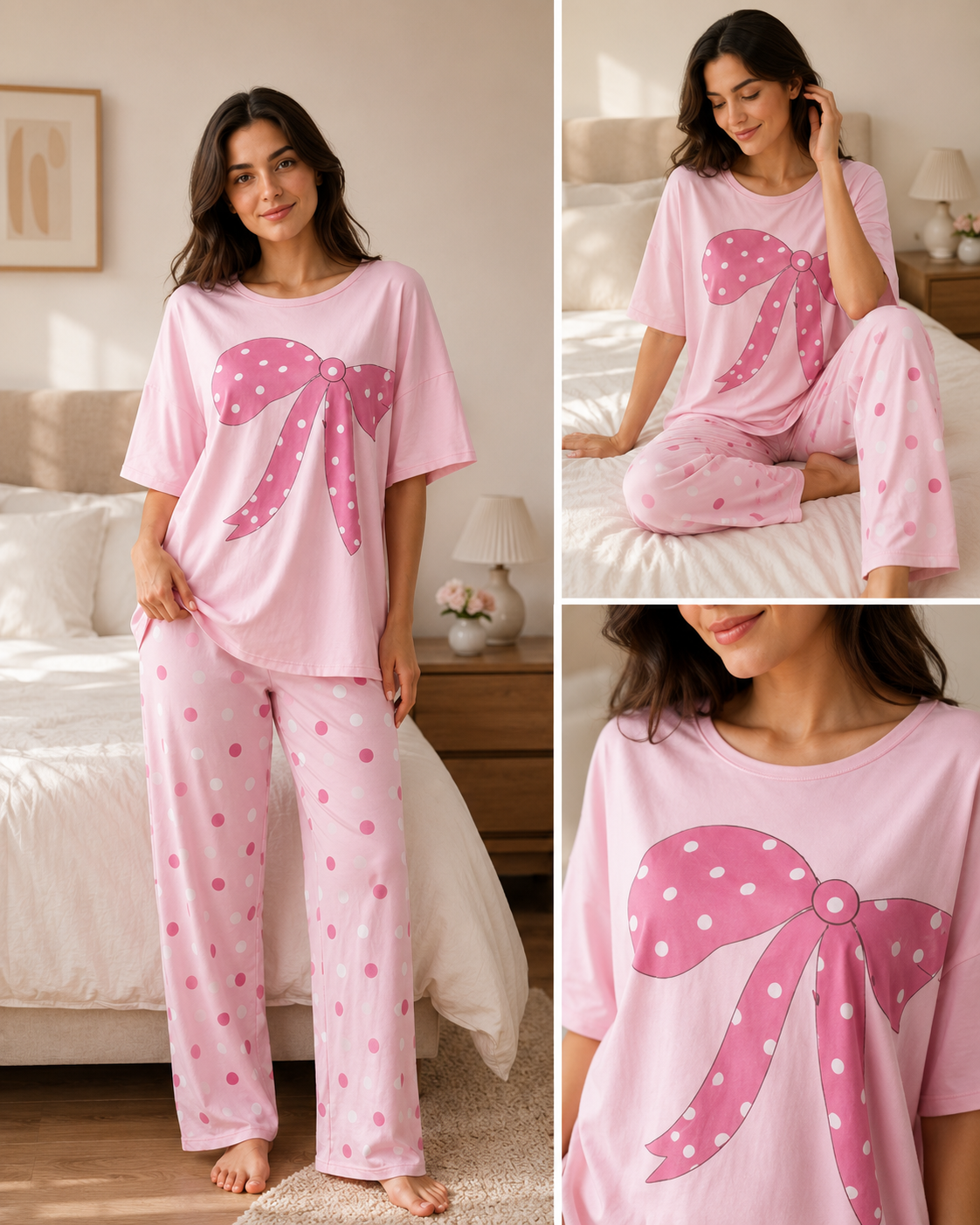 Women's Pink Ribbon Print Pajama Set – Soft 2 Piece Polka Dot Night Suit