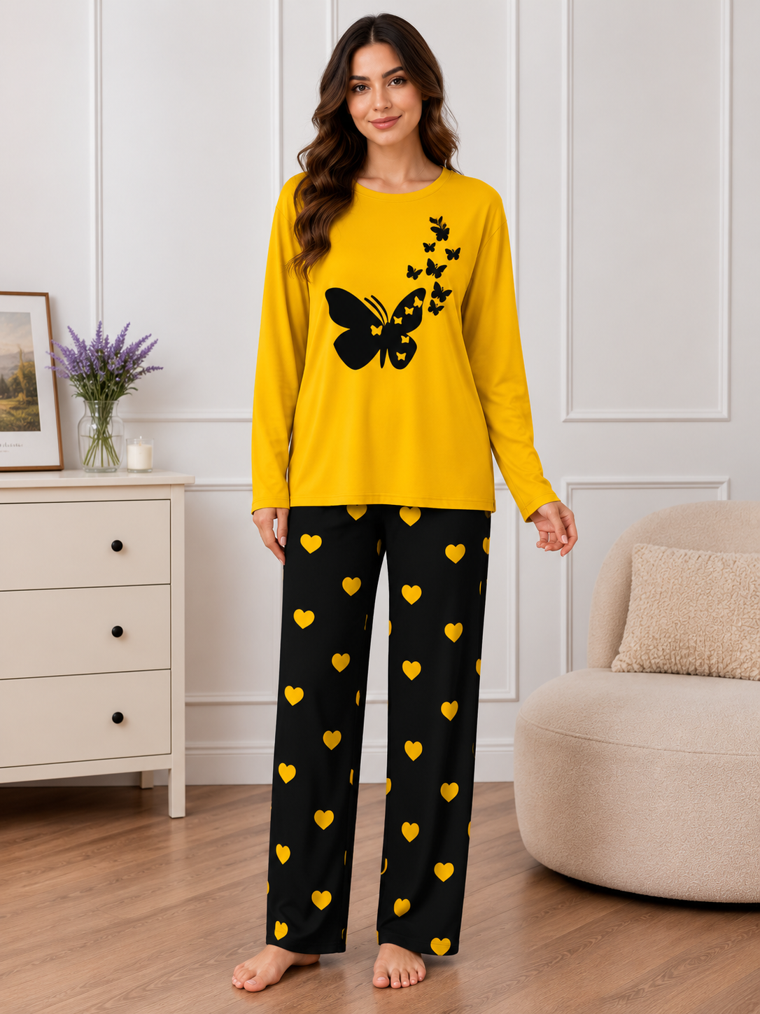 YELLOW FLYING BUTTERFLY Printed Nightwear Set with Black Mini Heart Printed Trousers – Women's Lounge Wear (006)