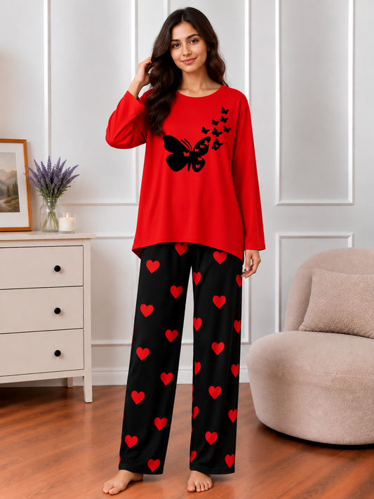 RED FLYING BUTTERFLY Printed Nightwear Set with Black Mini Heart Printed Trousers – Women's Lounge Wear (006)