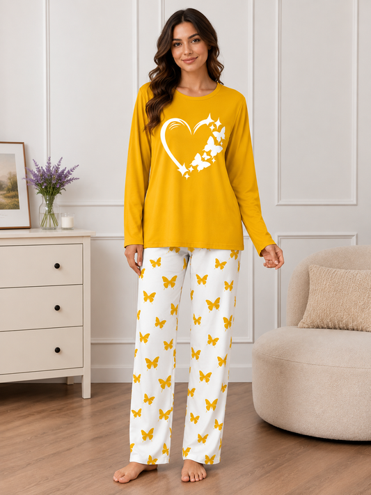 Yellow Women Heart Printed Nightwear Set with Butterfly Printed Trousers – Women's Lounge Wear (003)