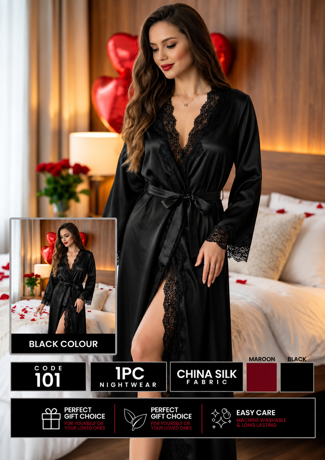 1 Piece Premium Bridal - Long Style Lace V-Neckline Nighty