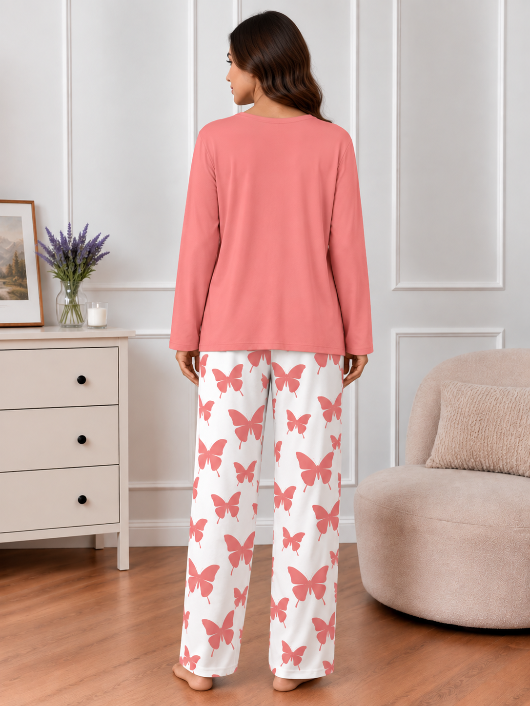 Peach Women Heart Printed Nightwear Set with Butterfly Printed Trousers – Women's Lounge Wear (003)