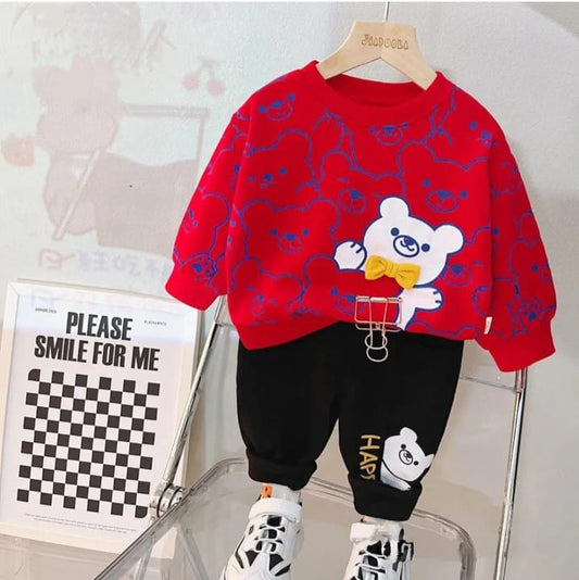 Red & Black Teddy Kids Sweatshirt & Pant