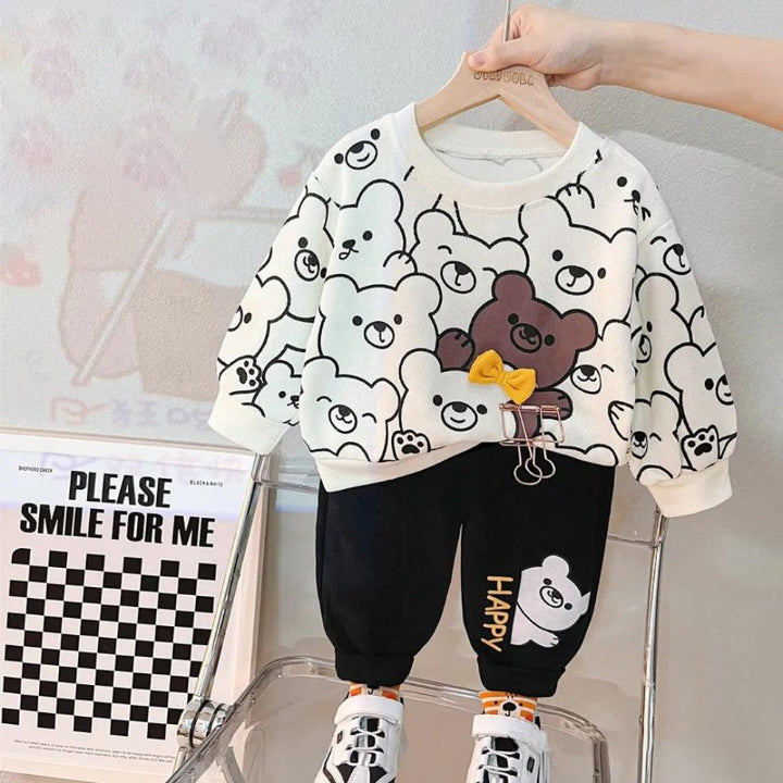 White Cute Teddy Kids Sweatshirt & Pant