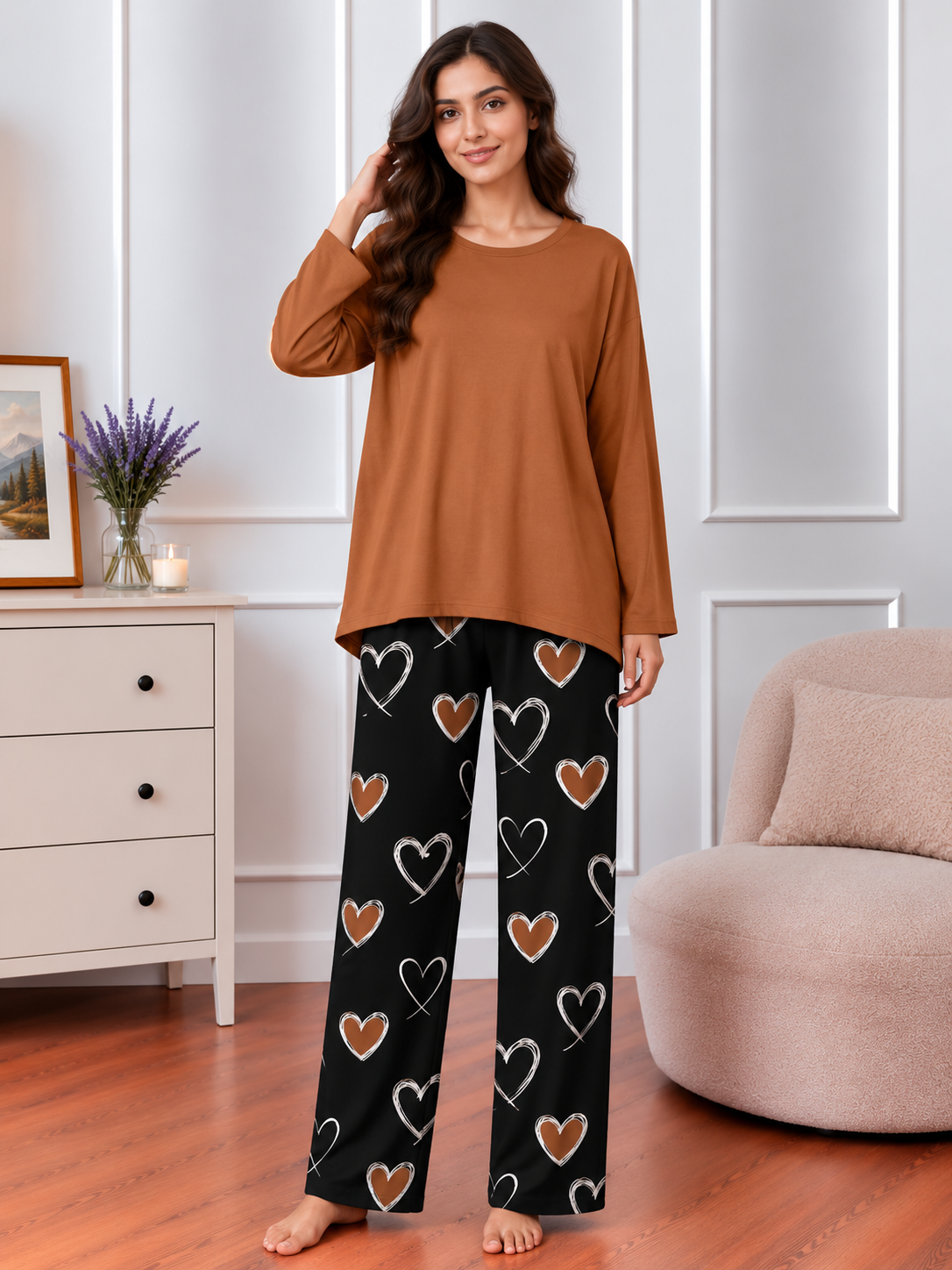 Plain Beige Color Lounge wear Heart Printed Trouser  Nightwear Sleepwear With Heart Prinred Trouser For Women By Auagarments (004)