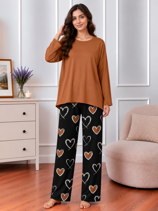 Plain Beige Color Lounge wear Heart Printed Trouser  Nightwear Sleepwear With Heart Prinred Trouser For Women By Auagarments (004)