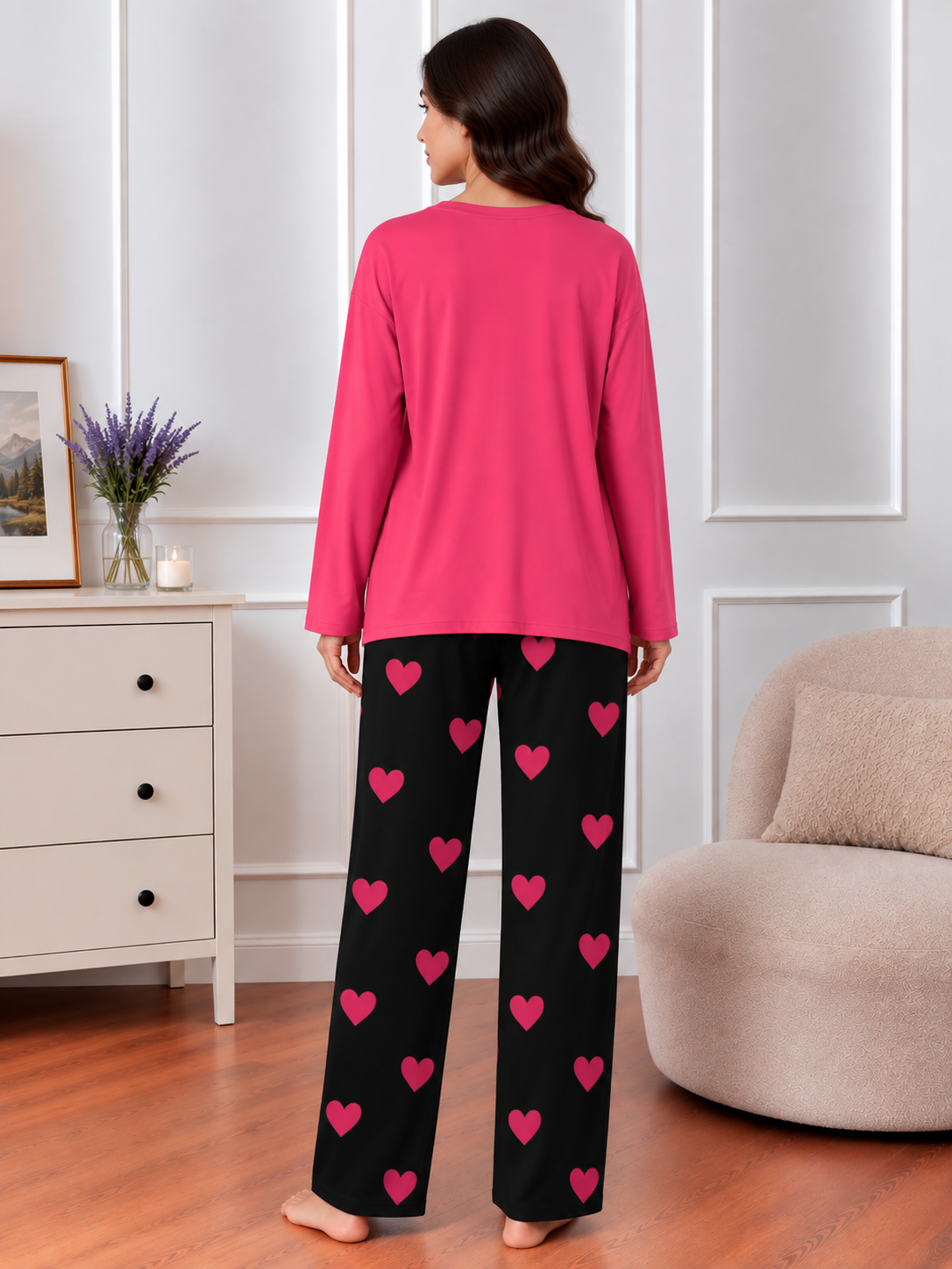 Dark Pink Princess Printed Nightwear Set with Mini Heart Printed Trousers – Women's Lounge Wear (006)