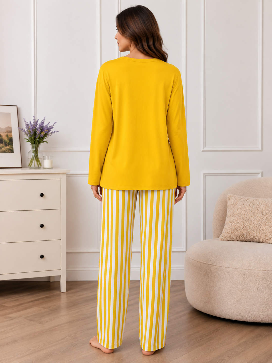 Mustard Women's Plain Lining Trouser Night Suit with Luxurious Lining Pajamas - Stylish Sleepwear Set for a Cozy Night's Rest (002)
