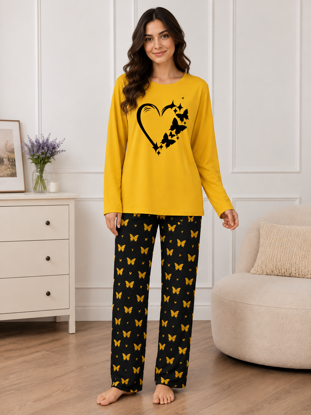 Yellow Women Heart Printed Nightwear Set With Black Butterfly Printed Trousers – Women's Lounge Wear (007)