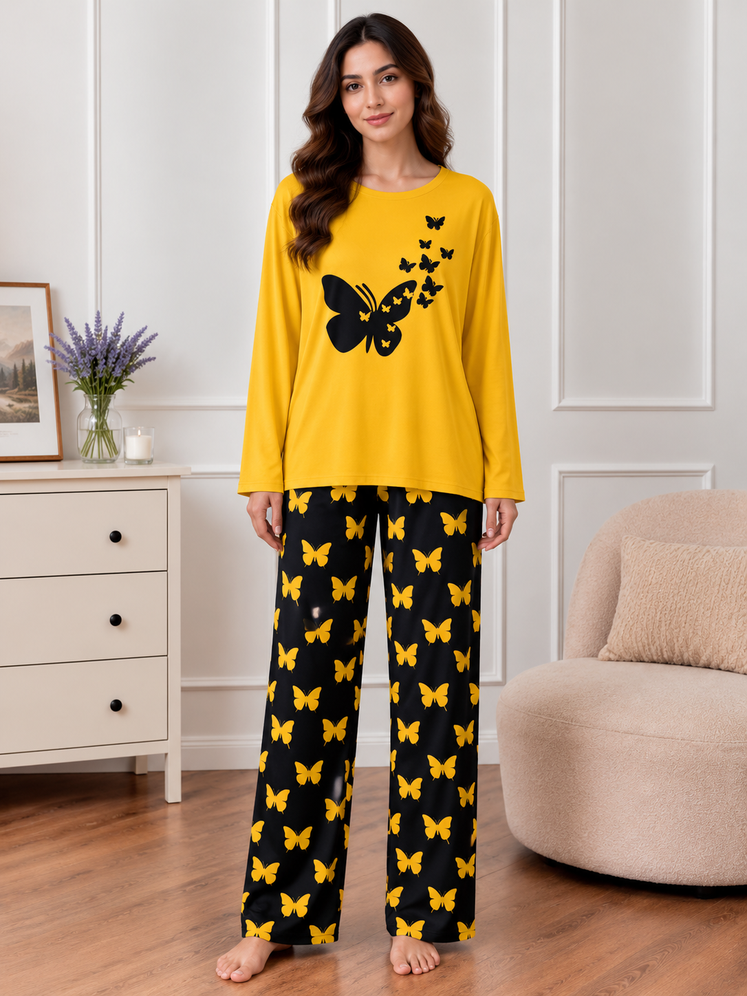 Yellow flying butterfly  Printed Nightwear Set With Black Butterfly Printed Trousers – Women's Lounge Wear (007)