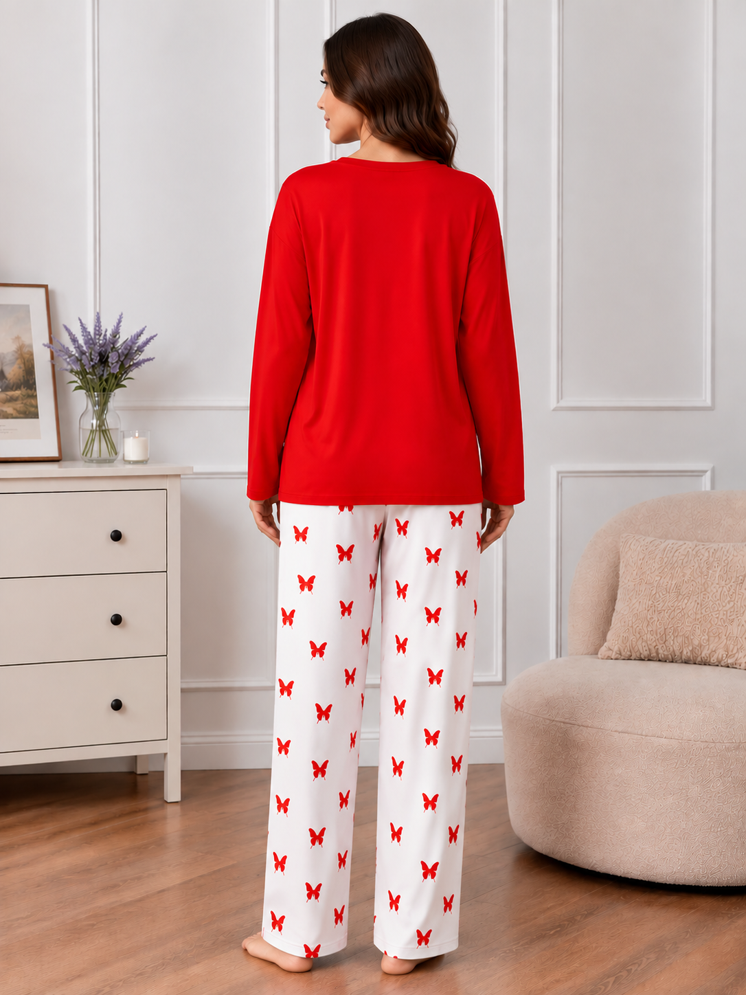 Red Women Heart Printed Nightwear Set with Butterfly Printed Trousers – Women's Lounge Wear (003)