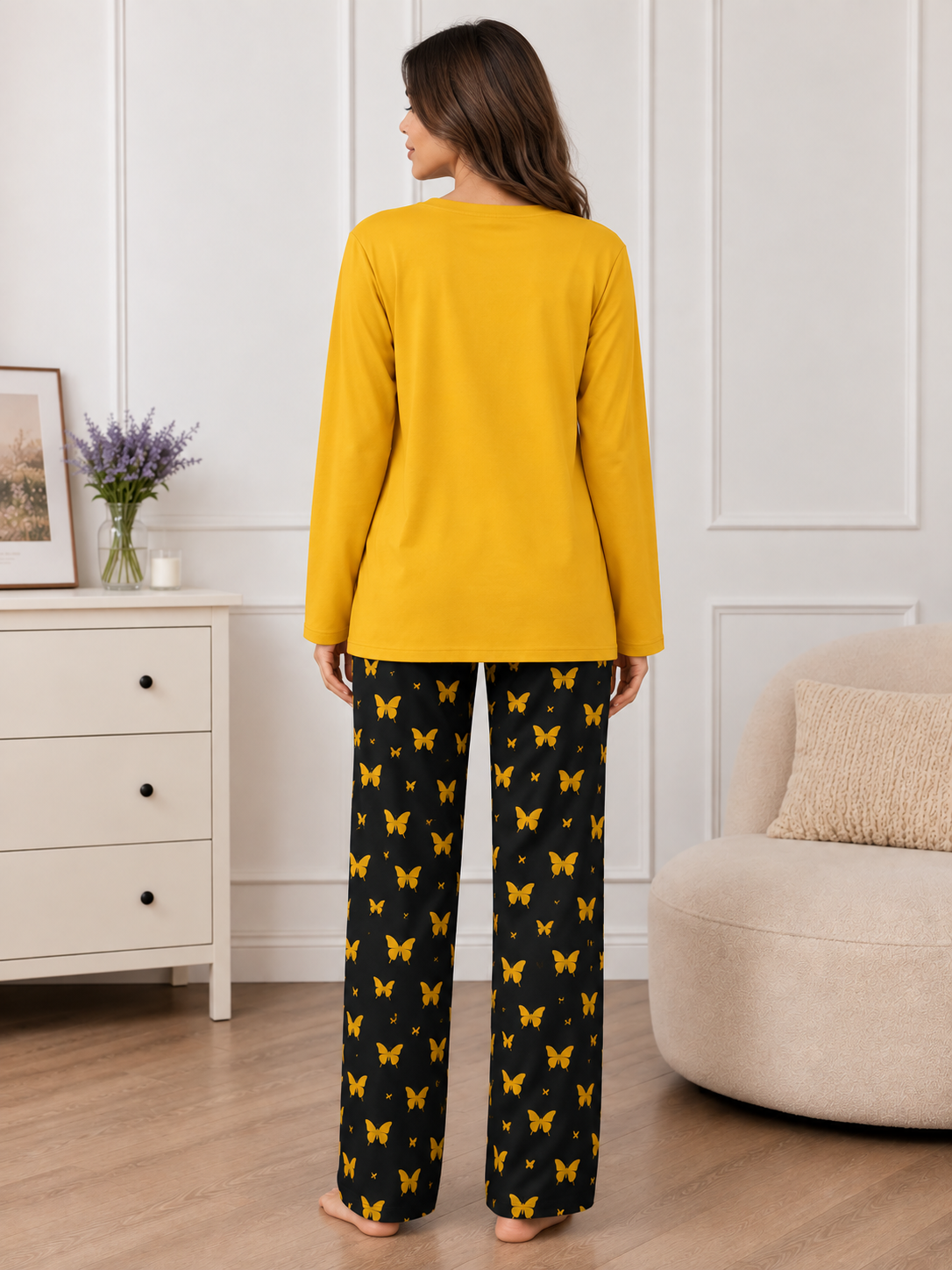 Yellow Women Heart Printed Nightwear Set With Black Butterfly Printed Trousers – Women's Lounge Wear (007)