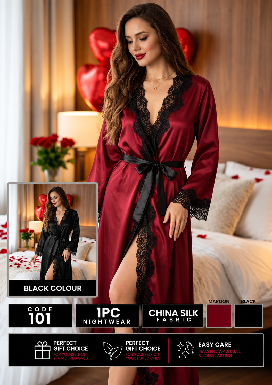 1 Piece Premium Bridal - Long Style Lace V-Neckline Nighty