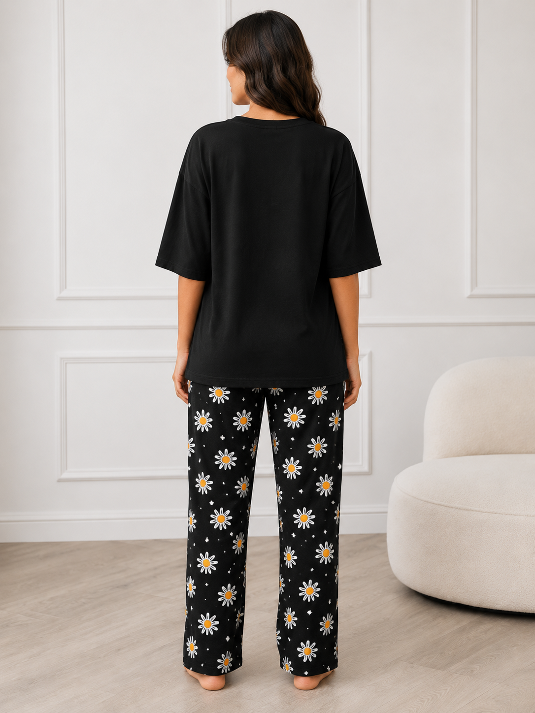 Women's Daisy Flower Print Night Suit – Soft Loose Fit Short Sleeve T-Shirt & Floral Pajama Set