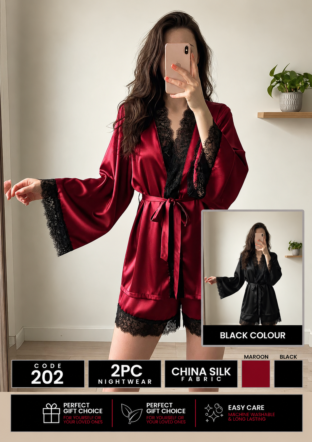 2 Piece Premium Bridal - Robe With Black Lace Trim Nighty