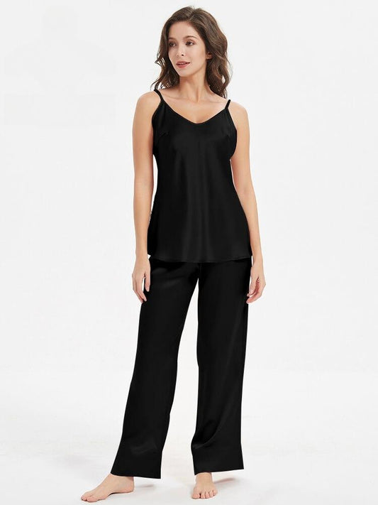 Sleeveless Silk Nighty Comfortable Cami Pajama Set Black