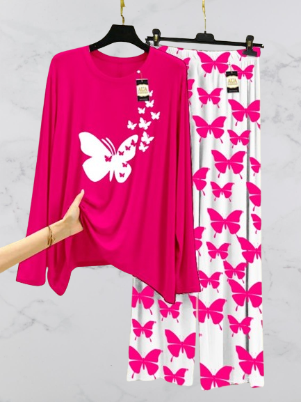 Dark Pink Flying Butterflies Printed Nig1htwear Set with Butterfly Printed Trousers – Women's Lounge Wear (003)